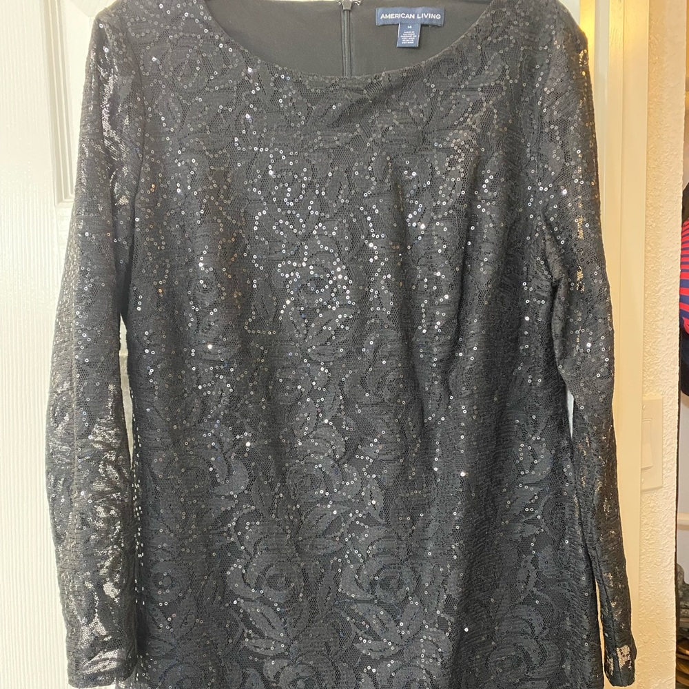 American Living Womens black sequin dress with see through long sleeves, size 14